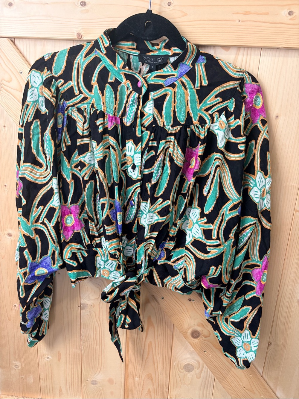 Rachel Zoe Black Floral Tie-Front Blouse with Green and Purple Accents